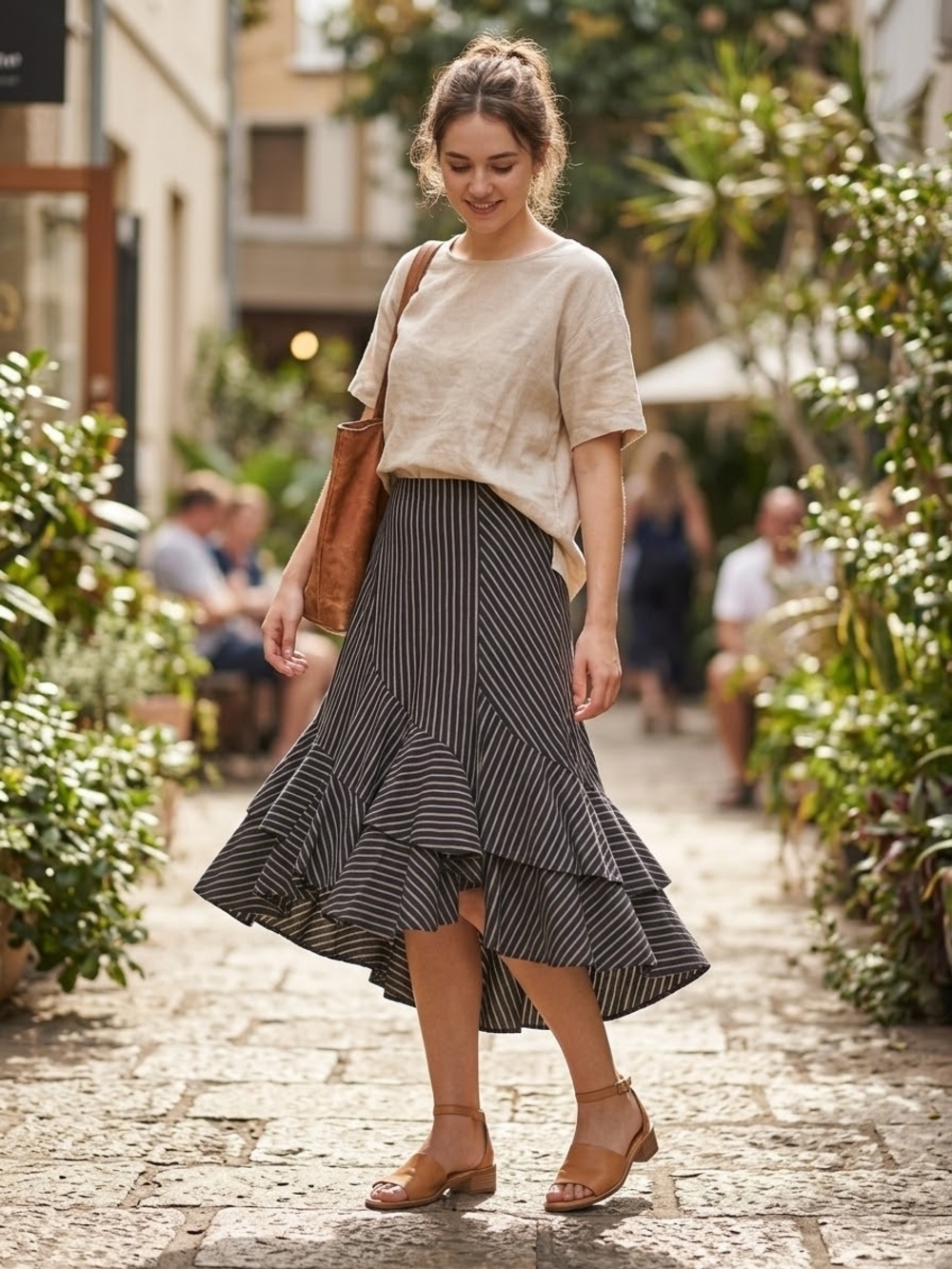 Chic Black Striped Ruffle Midi Skirt.